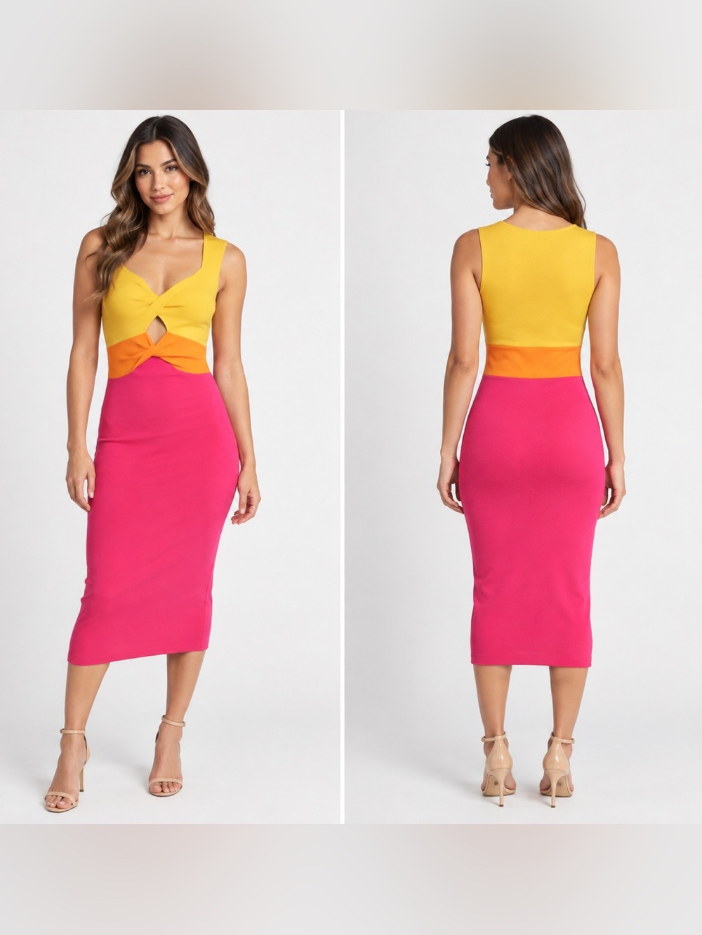 Colorblock Twist Midi Dress in Yellow, Orange & Pink